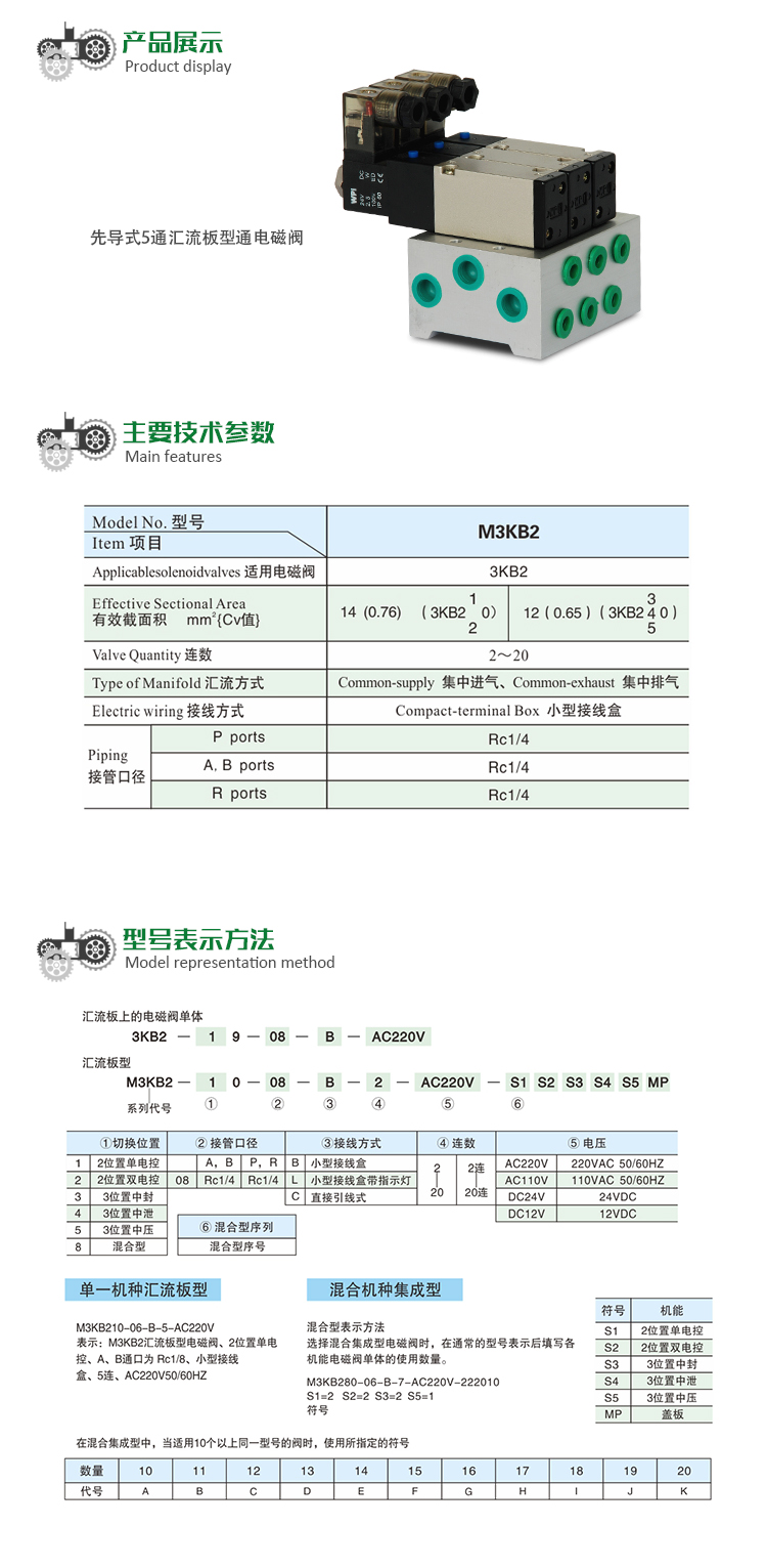 先导式5通汇流板型电磁阀