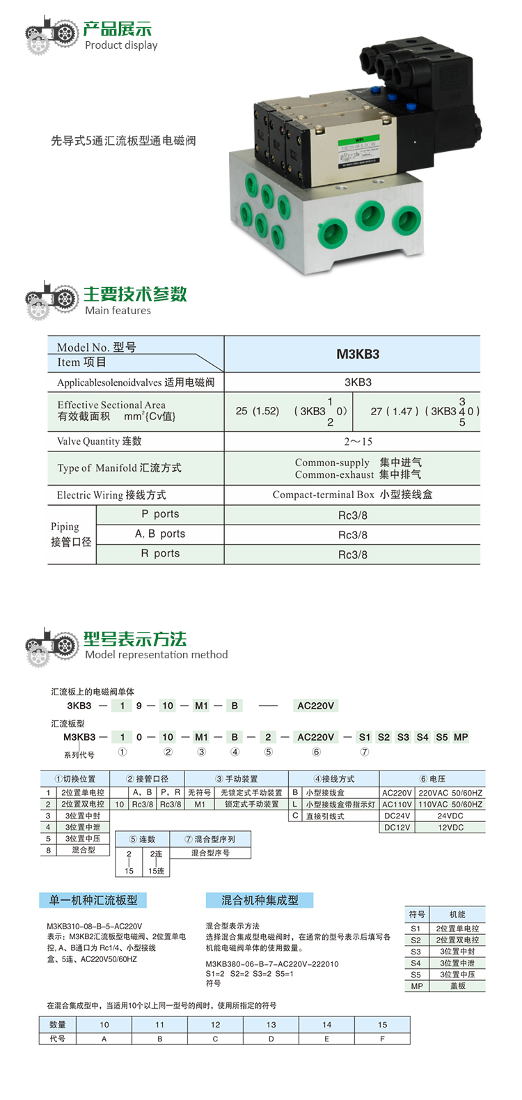  先导式5通汇流板型通电磁阀